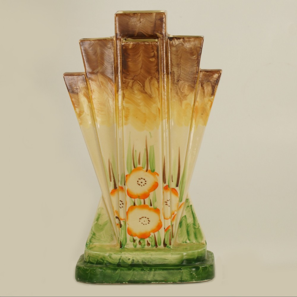 Myott Son & Co Art Deco Pyramid Vase Rare Hand Painted Poppy Design Fan Vase View VIII