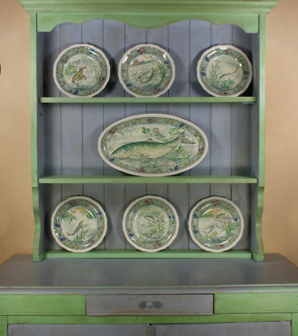 Vintage Copeland Spode Platter & 6 Plates Antique English 1930's Fish Pattern View XI