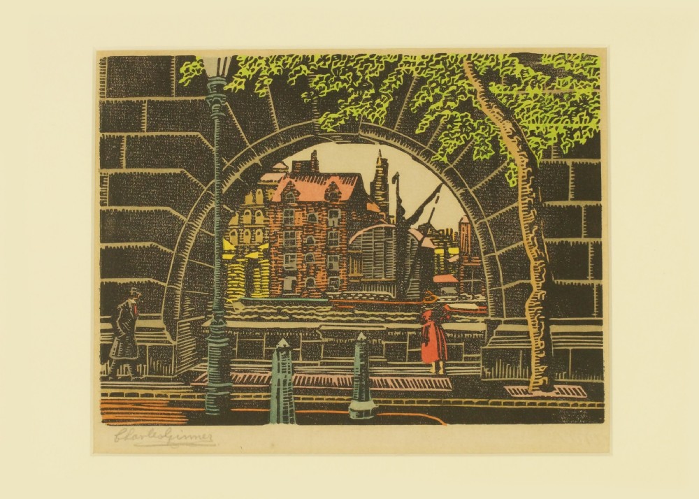 Charles Isaac Ginner On the Embankment 1924 Signed Artist Proof Coloured Woodcut  View II