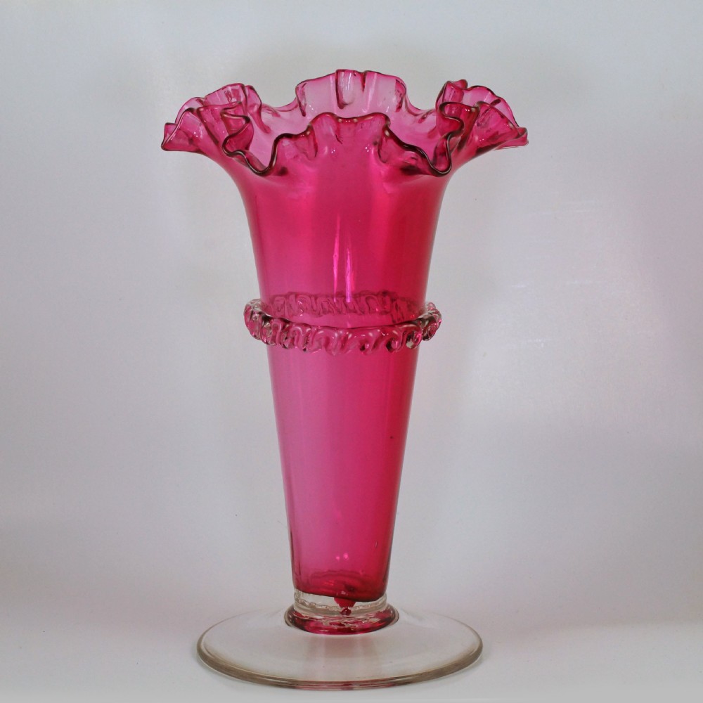 Antique Cranberry Frilled Rim Vase Victorian Hand Blown 8 3/4” Crimpled Epergne