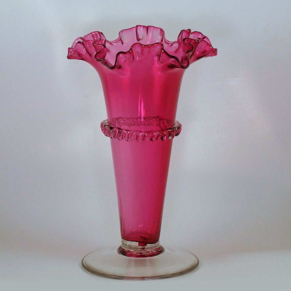 Antique Cranberry Frilled Rim Vase Victorian Hand Blown 8 3/4” Crimpled Epergne View III