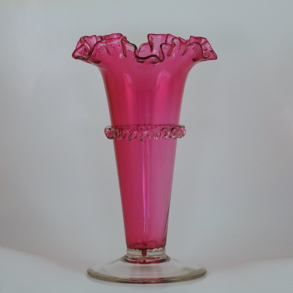 Antique Cranberry Frilled Rim Vase Victorian Hand Blown 8 3/4” Crimpled Epergne View IV