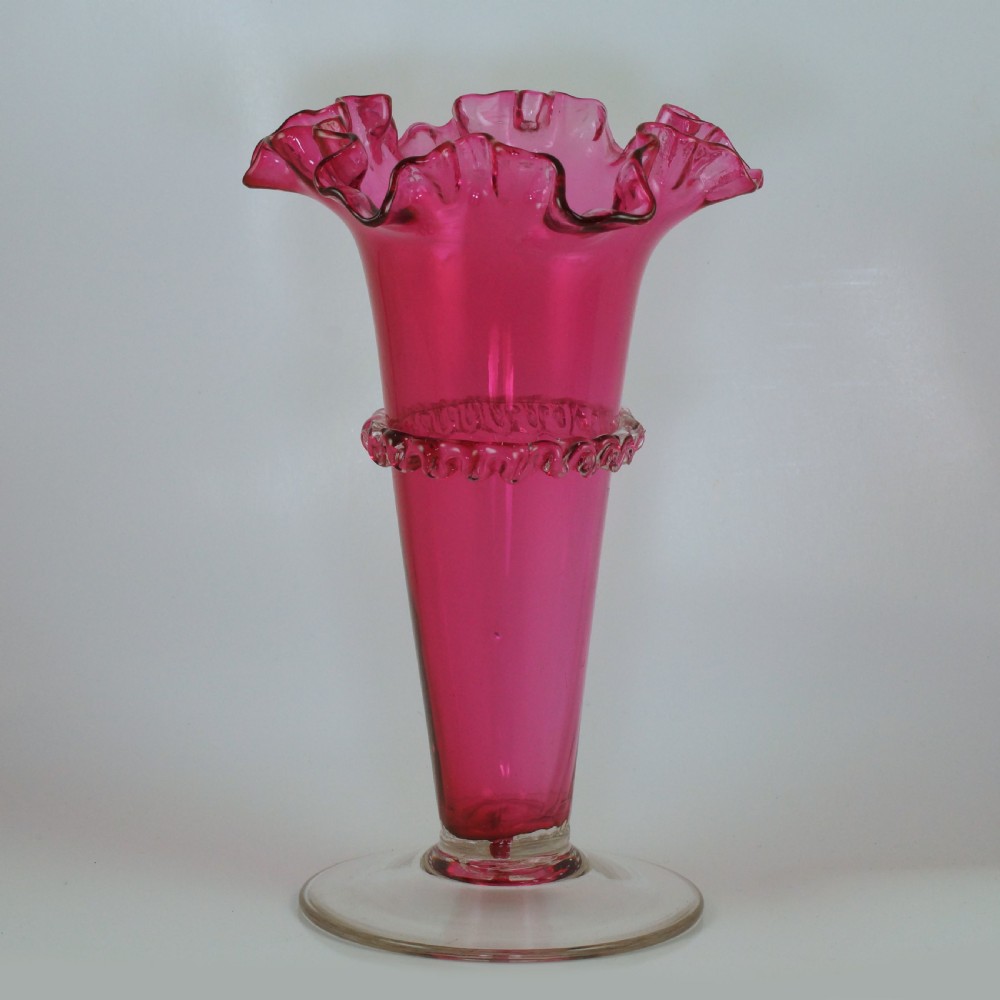 Antique Cranberry Frilled Rim Vase Victorian Hand Blown 8 3/4” Crimpled Epergne View VI