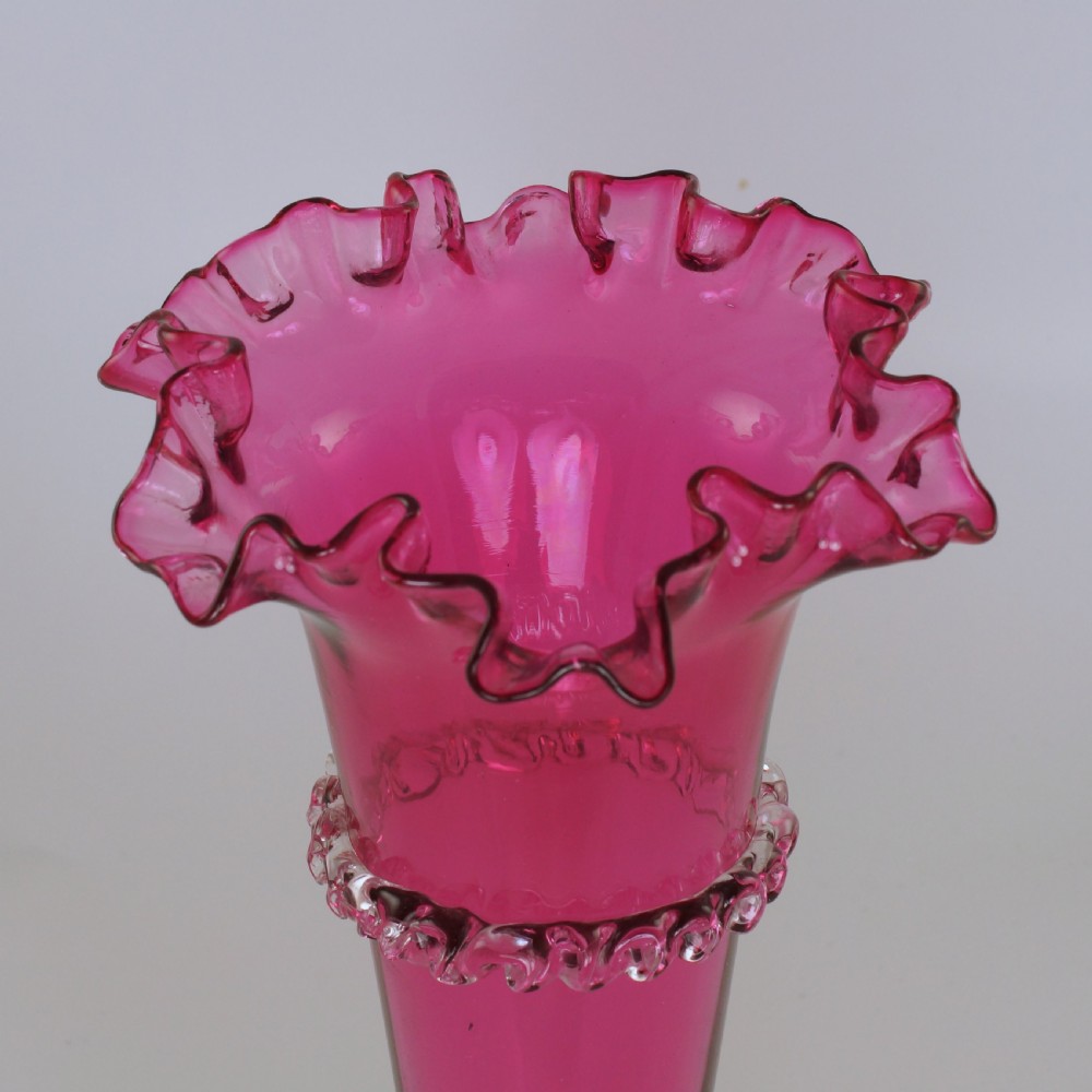 Antique Cranberry Frilled Rim Vase Victorian Hand Blown 8 3/4” Crimpled Epergne View IX