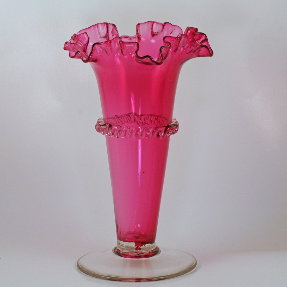 Antique Cranberry Frilled Rim Vase Victorian Hand Blown 8 3/4” Crimpled Epergne View X