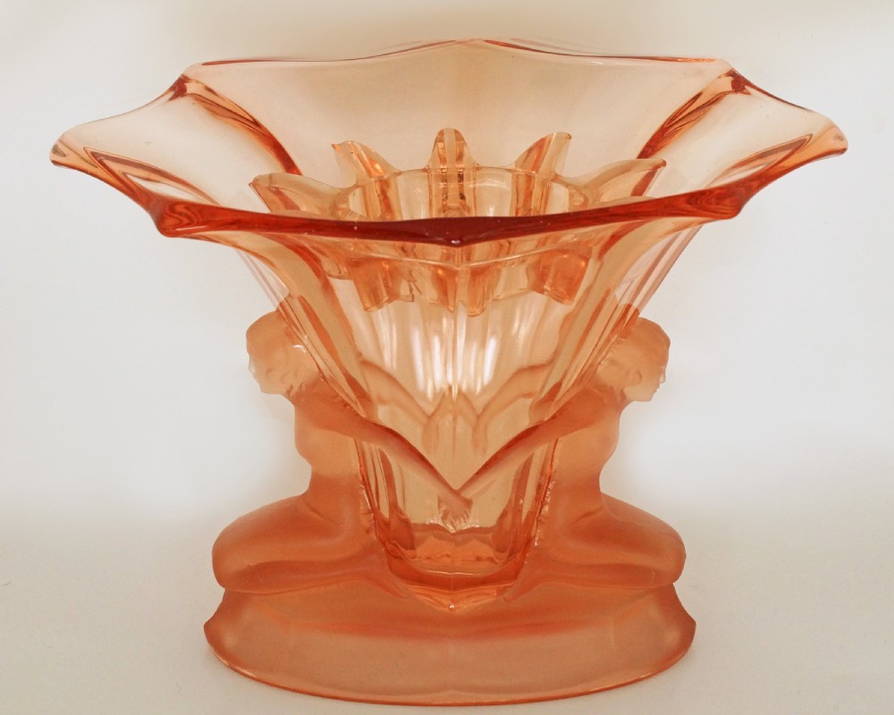 Walther & Sohne Art Deco Nudes Windsor Two Ladies Pink Glass Vase With Frog 8