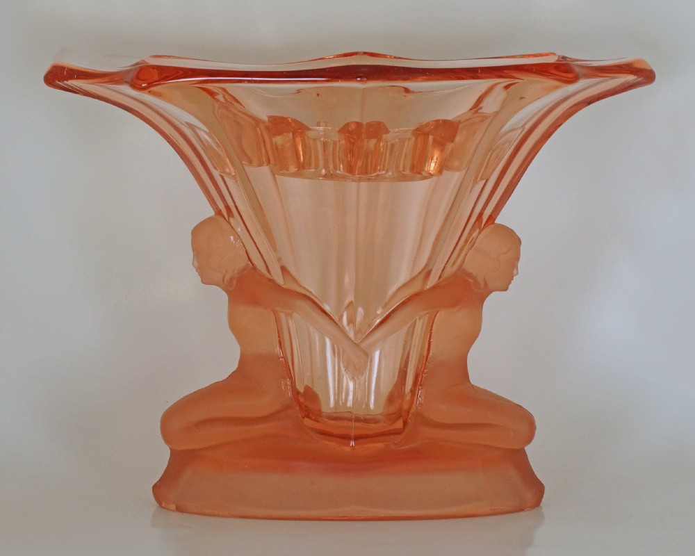 Walther & Sohne Art Deco Nudes Windsor Two Ladies Pink Glass Vase With Frog 8