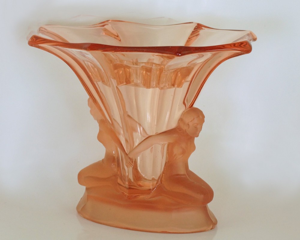 Walther & Sohne Art Deco Nudes Windsor Two Ladies Pink Glass Vase With Frog 8