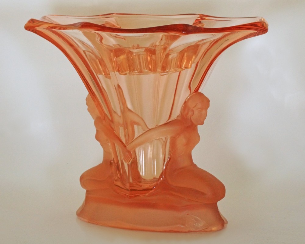 Walther & Sohne Art Deco Nudes Windsor Two Ladies Pink Glass Vase With Frog 8