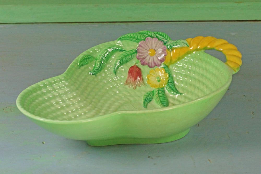 Carlton Ware Basket Weave Primula Bowl Australian Majolica Green Bowl 8.5