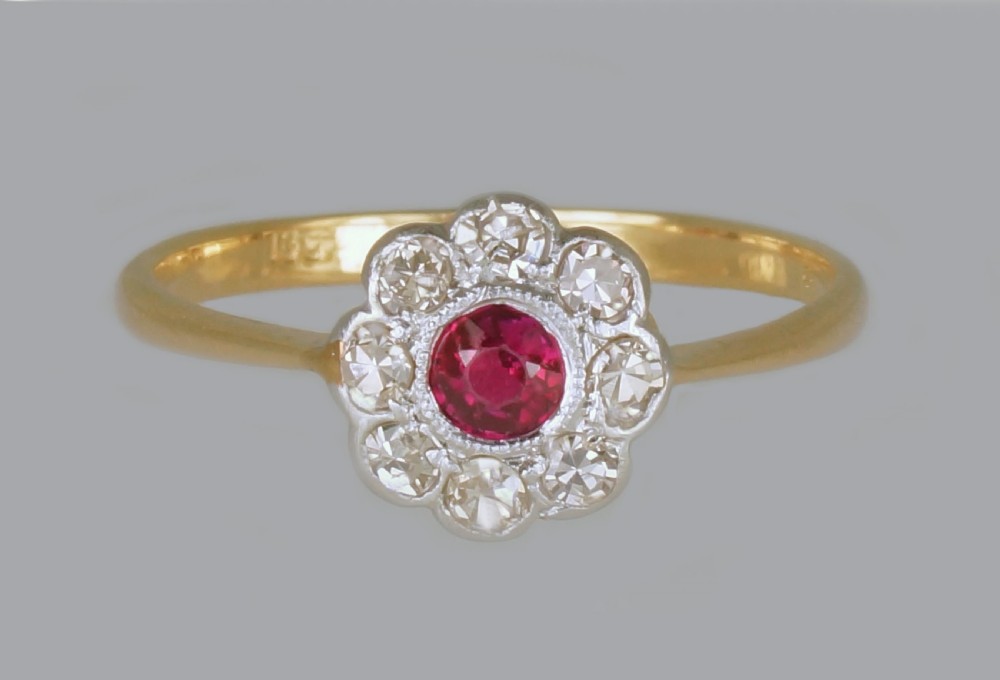 Antique Ruby & Diamond 18ct Gold Daisy Ring Vintage Edwardian 1920s Cluster Ring