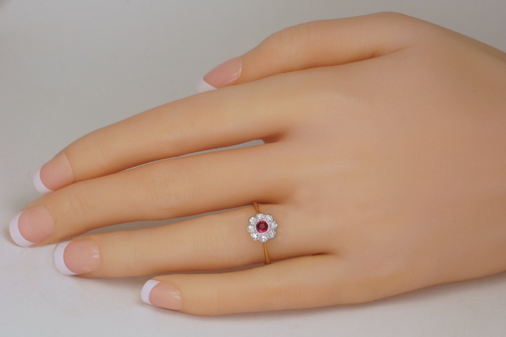 Antique Ruby & Diamond 18ct Gold Daisy Ring Vintage Edwardian 1920s Cluster Ring View II
