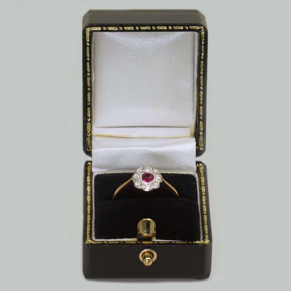 Antique Ruby & Diamond 18ct Gold Daisy Ring Vintage Edwardian 1920s Cluster Ring View VII
