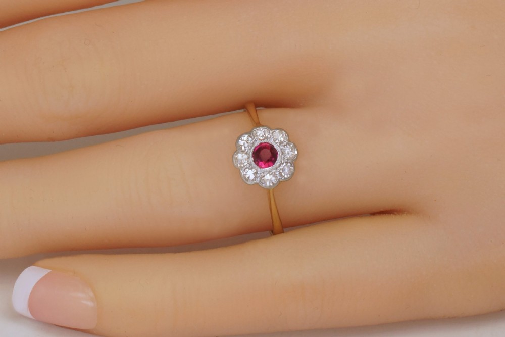 Antique Ruby & Diamond 18ct Gold Daisy Ring Vintage Edwardian 1920s Cluster Ring View IX