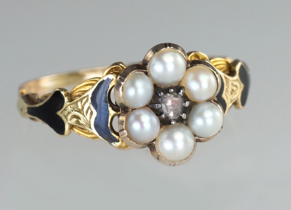 Georgian Memorial Ring Diamond Pearl & Black Enamel 18ct Gold Antique Ring circa 1830 Estate Ring View IV