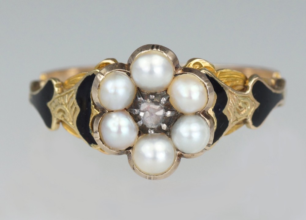 Georgian Memorial Ring Diamond Pearl & Black Enamel 18ct Gold Antique Ring circa 1830 Estate Ring View XI