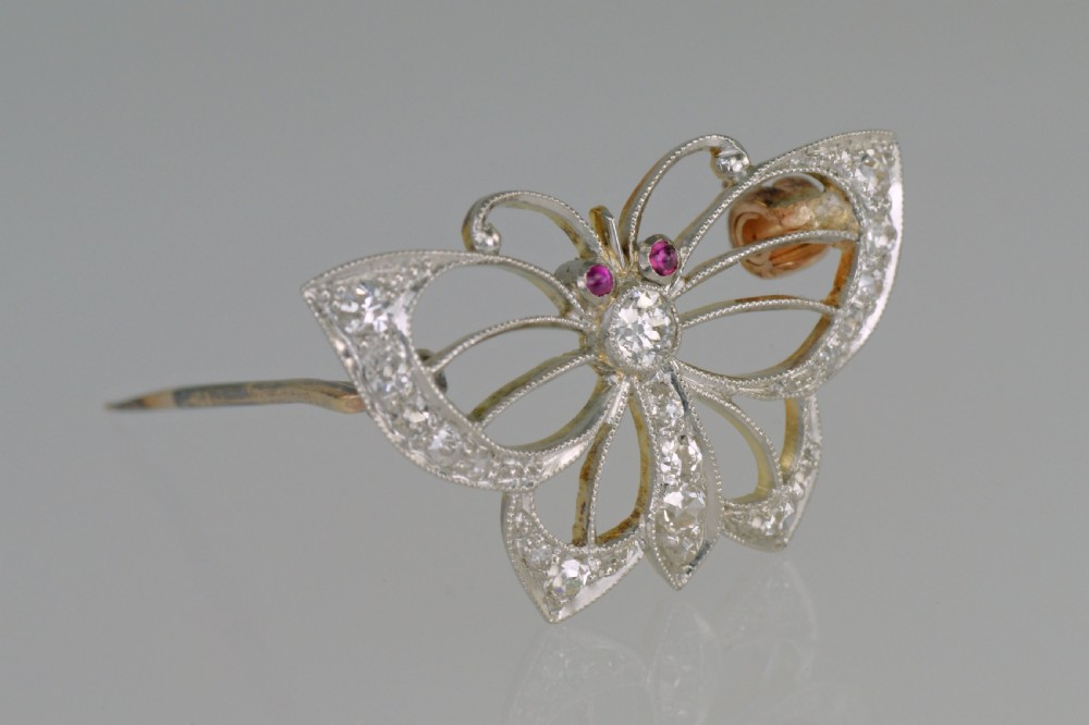 Edwardian Platinum Old Cut Diamond Ruby Antique Butterfly Brooch circa 1910 View V
