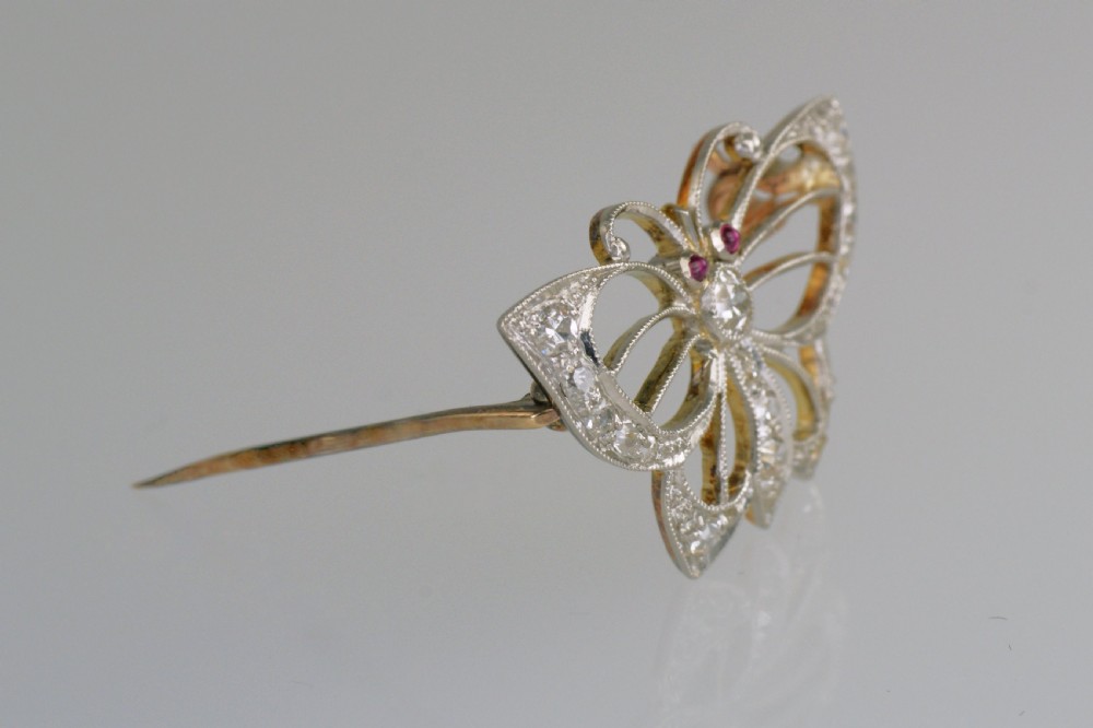 Edwardian Platinum Old Cut Diamond Ruby Antique Butterfly Brooch circa 1910 View VI