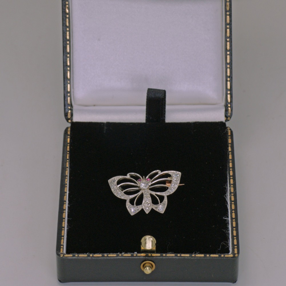 Edwardian Platinum Old Cut Diamond Ruby Antique Butterfly Brooch circa 1910 View IX