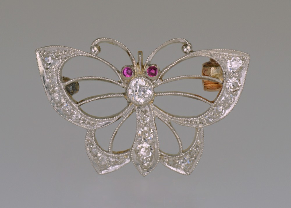 Edwardian Platinum Old Cut Diamond Ruby Antique Butterfly Brooch circa 1910 View II