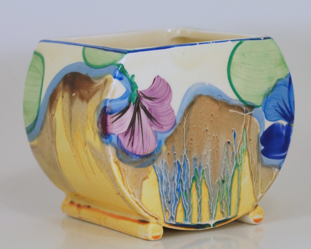 CLARICE CLIFF Bizarre Delicia Pansies Bonjour Preserve Jam Pot Body/Posy Holder View III