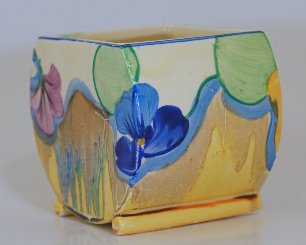 CLARICE CLIFF Bizarre Delicia Pansies Bonjour Preserve Jam Pot Body/Posy Holder View X