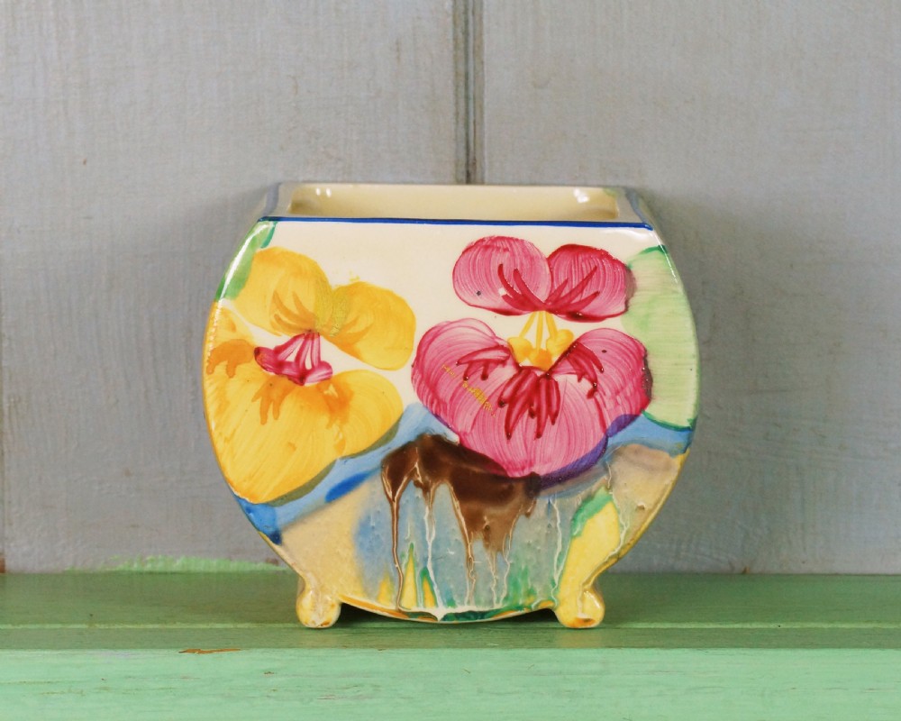 CLARICE CLIFF Bizarre Delicia Pansies Bonjour Preserve Jam Pot Body/Posy Holder View XIV