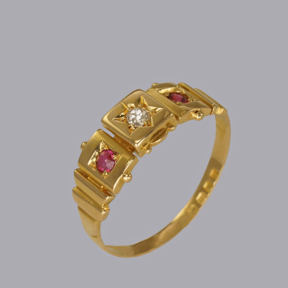 Victorian 18ct Gold Diamond & Ruby Antique Etruscan Ring Hallmarked London 1897  View VII