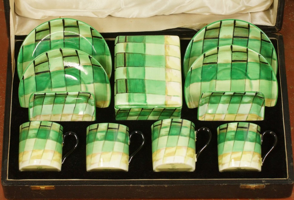 Crown Staffordshire Art Deco Coffee Set Rare Geometric Pattern Boxed Porcelain View XII