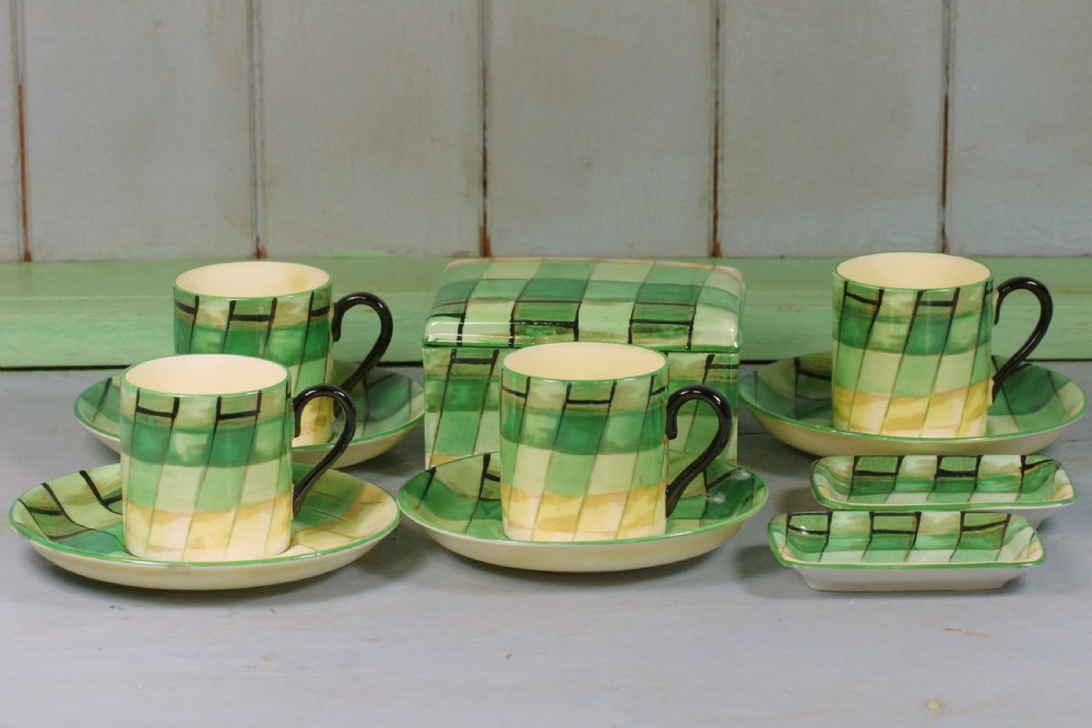 Crown Staffordshire Art Deco Coffee Set Rare Geometric Pattern Boxed Porcelain View XV