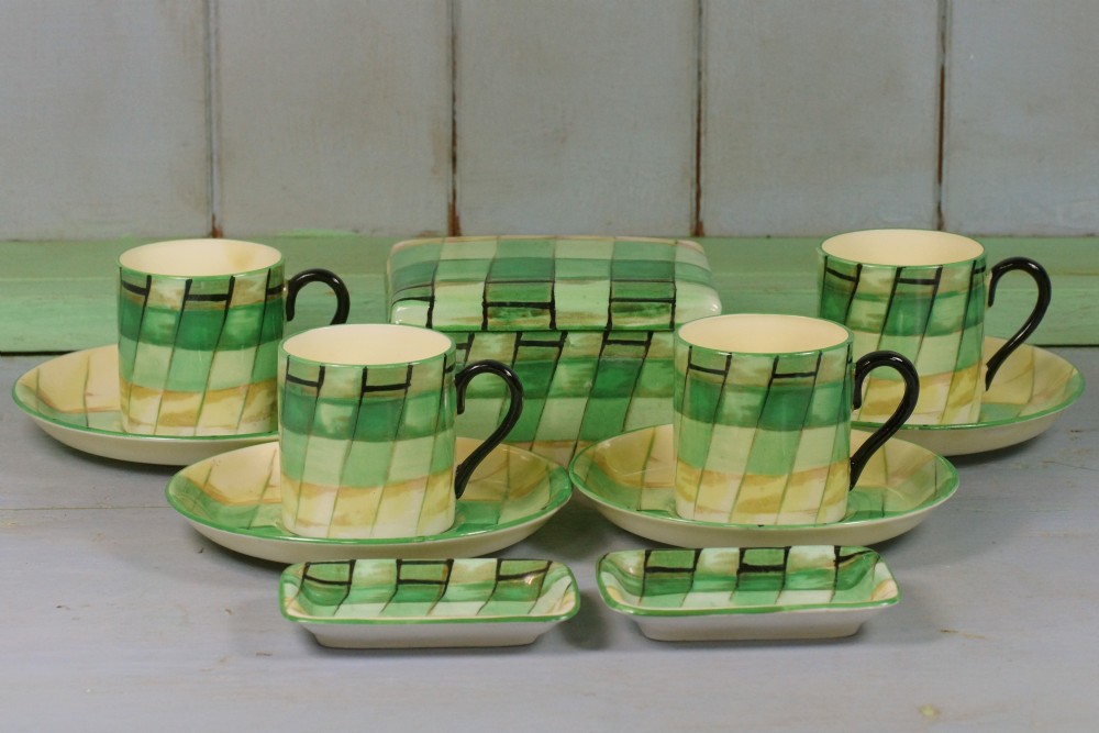 Crown Staffordshire Art Deco Coffee Set Rare Geometric Pattern Boxed Porcelain