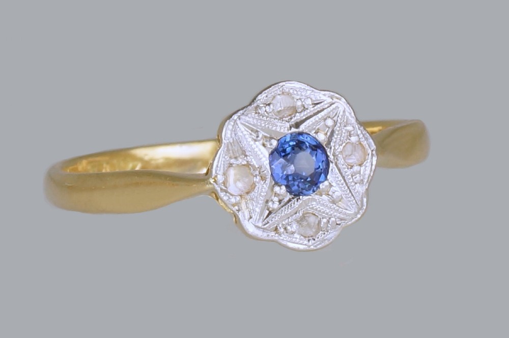 Antique 18ct Gold & Plat Sapphire & Diamond Edwardian Daisy Cluster Ring ca.1910 View V