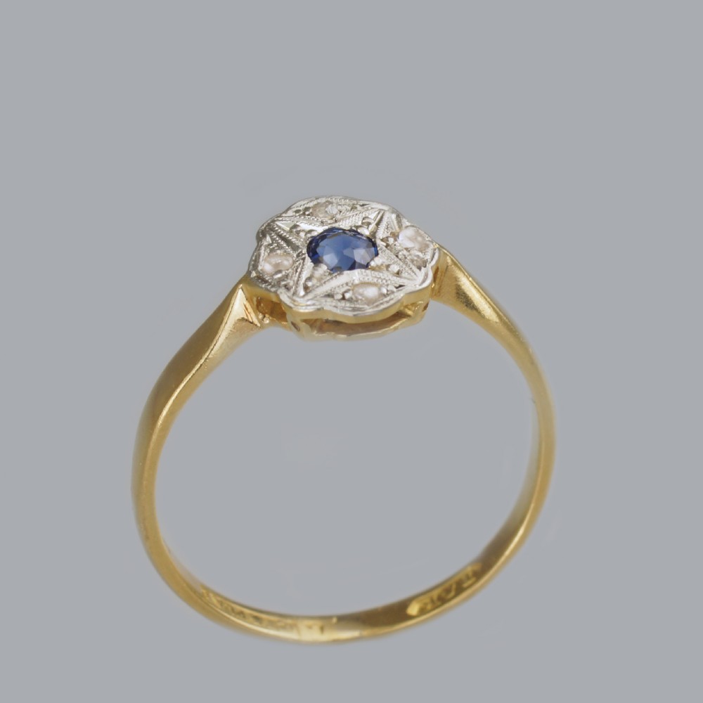 Antique 18ct Gold & Plat Sapphire & Diamond Edwardian Daisy Cluster Ring ca.1910 View VII