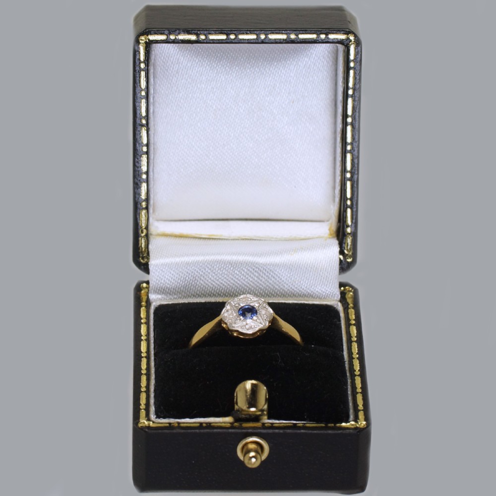 Antique 18ct Gold & Plat Sapphire & Diamond Edwardian Daisy Cluster Ring ca.1910 View VIII