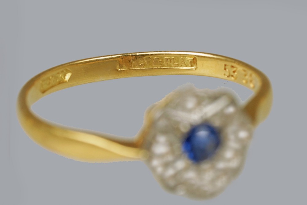 Antique 18ct Gold & Plat Sapphire & Diamond Edwardian Daisy Cluster Ring ca.1910 View XI