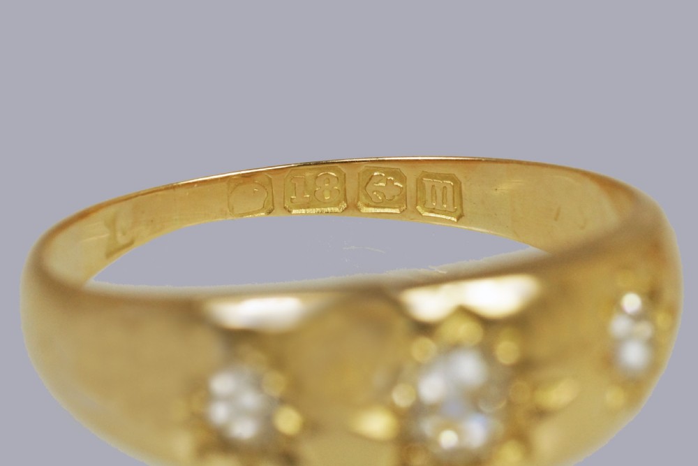 Antique 18ct Gold Old European Cut Diamond Gypsy Trilogy Ring Hallmarked 1911 View VIII