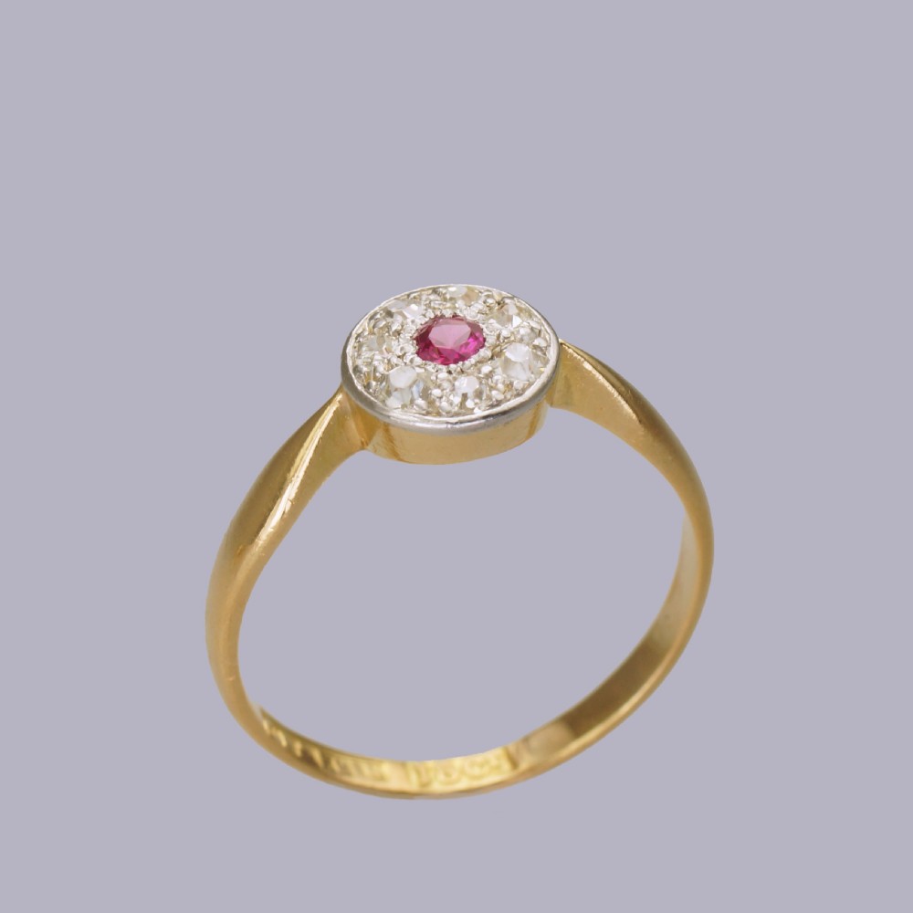 Art Deco Ruby & Diamond Cluster Ring Vintage 18ct Gold 1920's Antique Daisy Ring View VIII