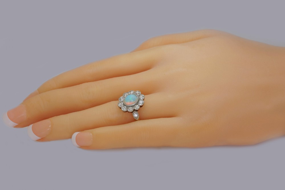 Antique Opal & 1.5ct Old Cut Diamond 18ct Gold Plat Edwardian Cluster Ring circa 1910 View II