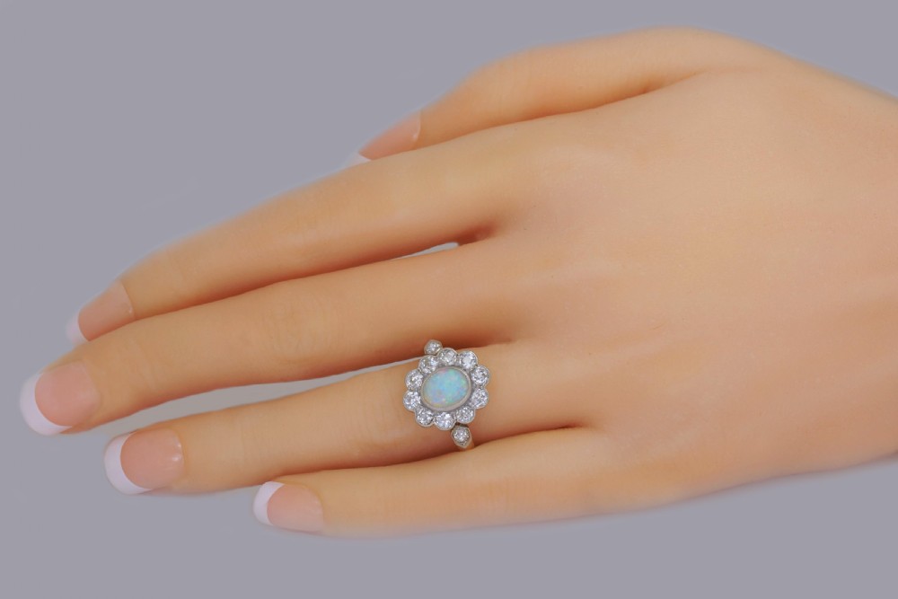 Antique Opal & 1.5ct Old Cut Diamond 18ct Gold Plat Edwardian Cluster Ring circa 1910 View III