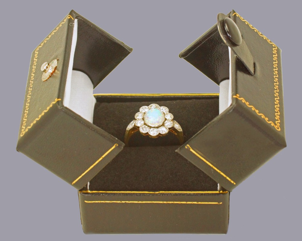 Antique Opal & 1.5ct Old Cut Diamond 18ct Gold Plat Edwardian Cluster Ring circa 1910 View VIII