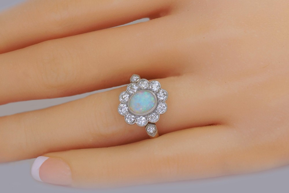 Antique Opal & 1.5ct Old Cut Diamond 18ct Gold Plat Edwardian Cluster Ring circa 1910 View IX
