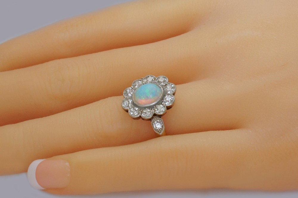 Antique Opal & 1.5ct Old Cut Diamond 18ct Gold Plat Edwardian Cluster Ring circa 1910 View X
