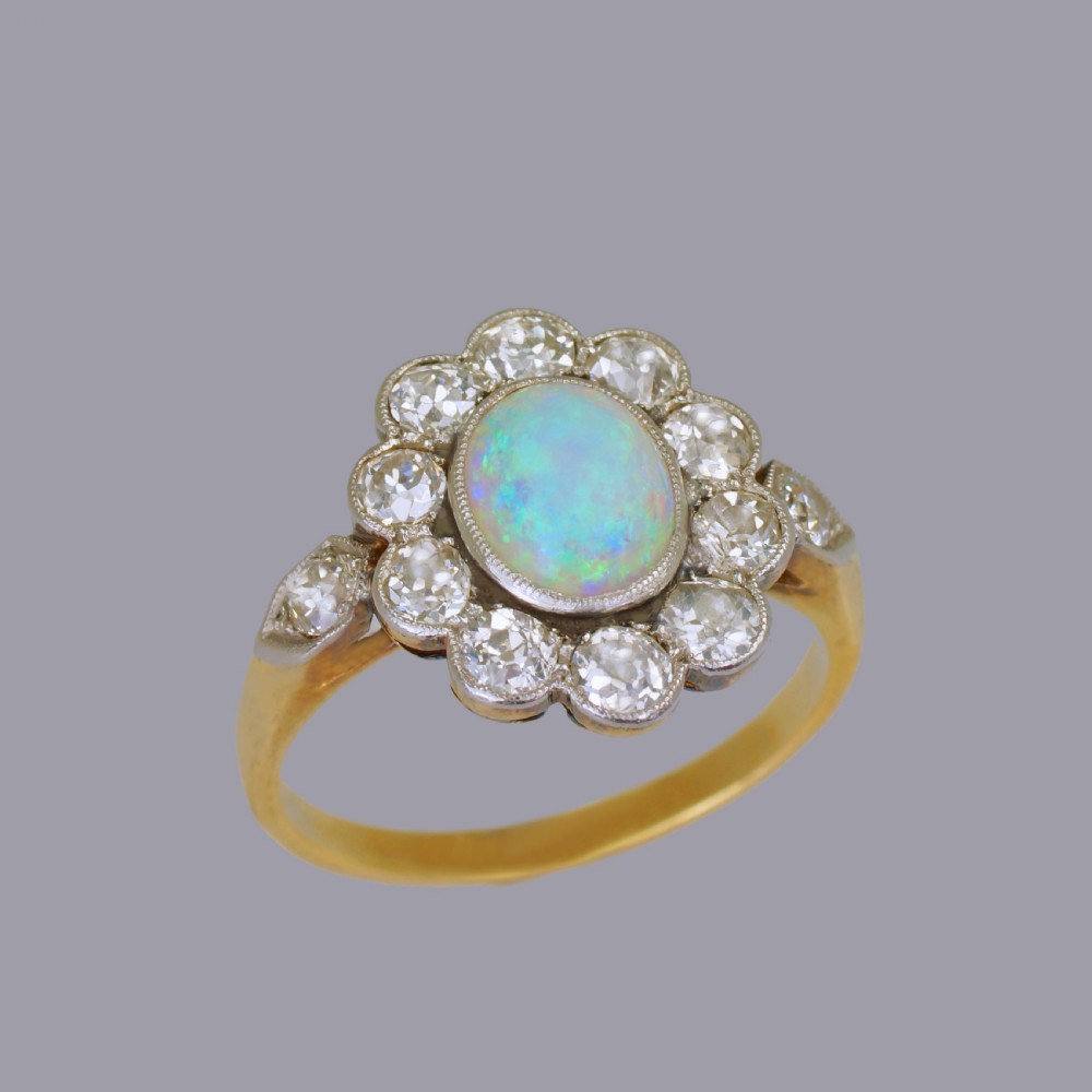 Antique Opal & 1.5ct Old Cut Diamond 18ct Gold Plat Edwardian Cluster Ring circa 1910 View XII