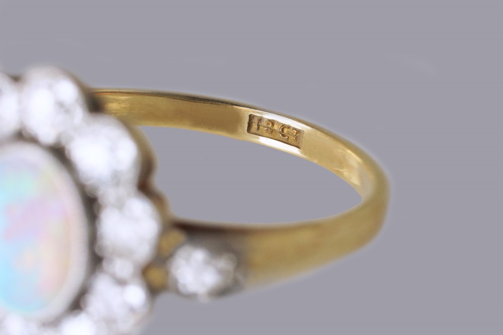 Antique Opal & 1.5ct Old Cut Diamond 18ct Gold Plat Edwardian Cluster Ring circa 1910 View XIV