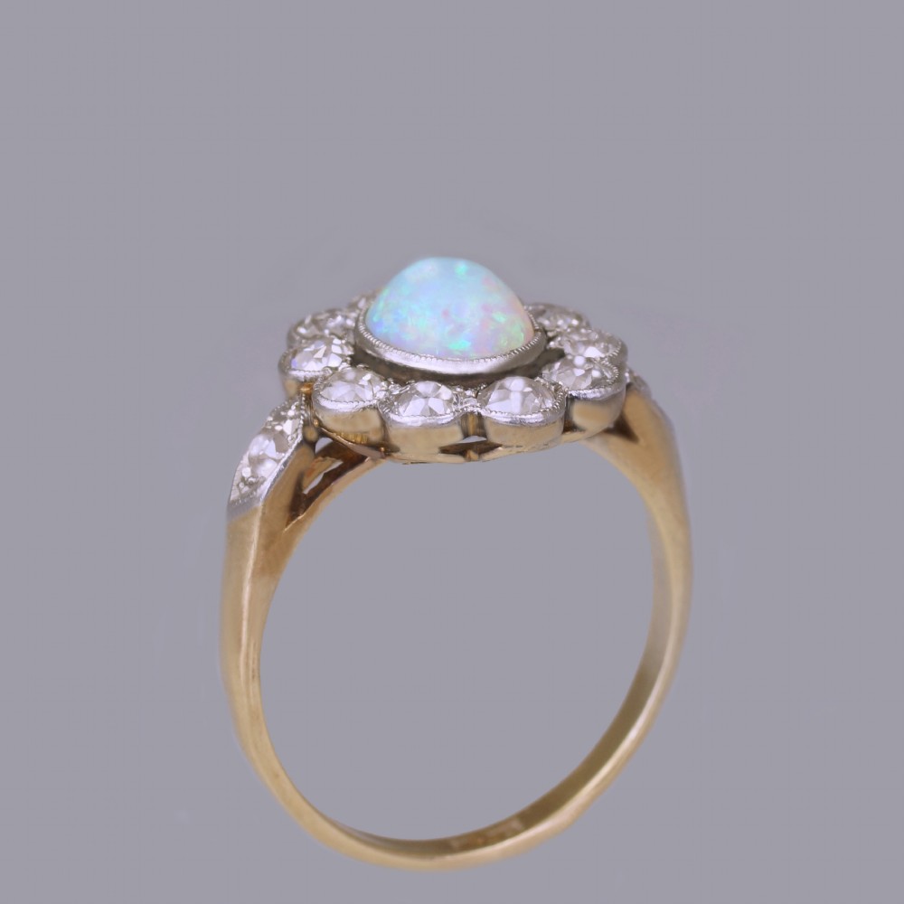 Antique Opal & 1.5ct Old Cut Diamond 18ct Gold Plat Edwardian Cluster Ring circa 1910 View XI