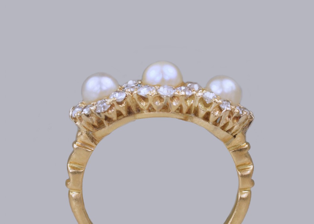 Antique Pearl & Old Cut Diamond 18ct Gold Edwardan/Art Deco Triple Cluster Ring View III