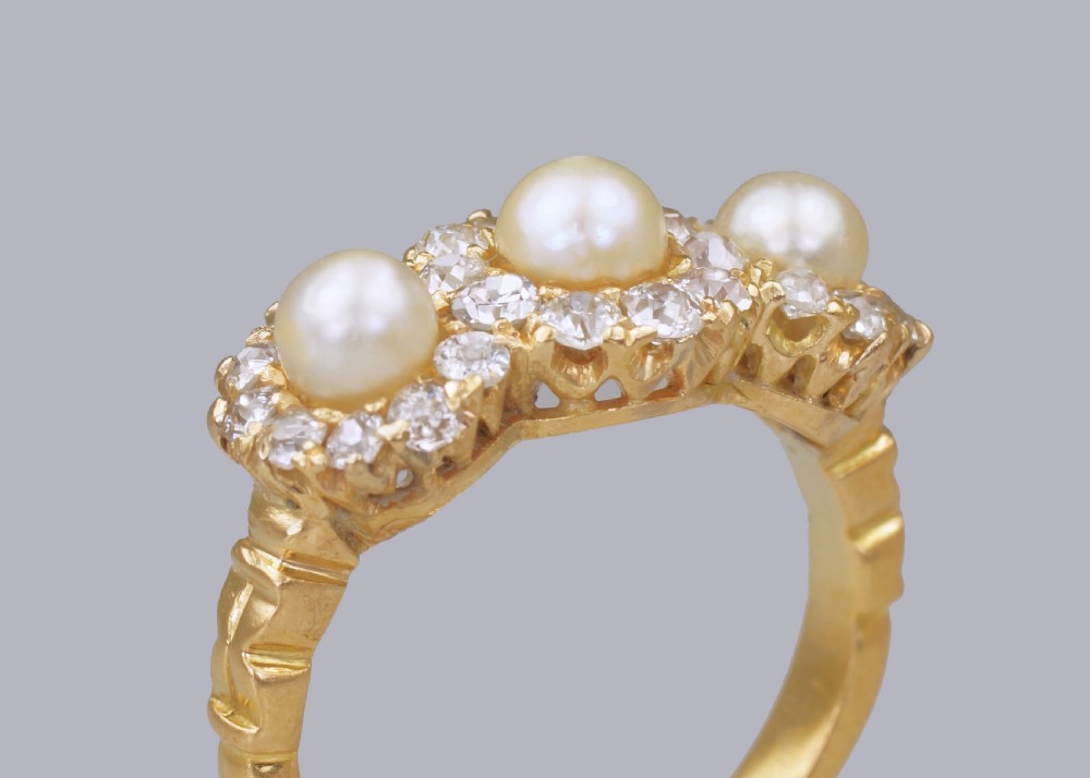 Antique Pearl & Old Cut Diamond 18ct Gold Edwardan/Art Deco Triple Cluster Ring View IV