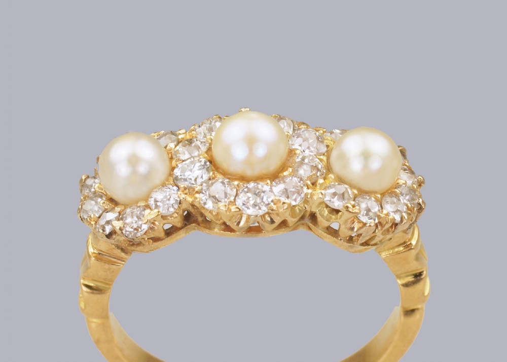 Antique Pearl & Old Cut Diamond 18ct Gold Edwardan/Art Deco Triple Cluster Ring View V