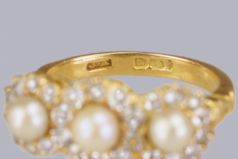 Antique Pearl & Old Cut Diamond 18ct Gold Edwardan/Art Deco Triple Cluster Ring View IX