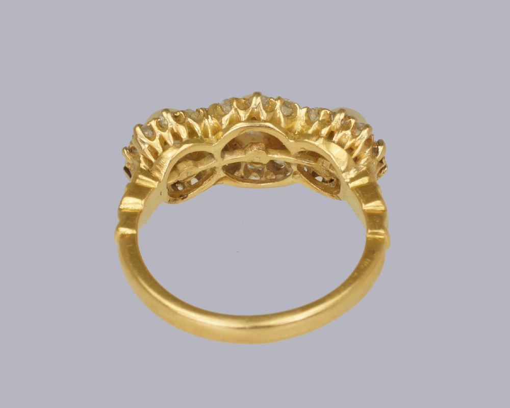 Antique Pearl & Old Cut Diamond 18ct Gold Edwardan/Art Deco Triple Cluster Ring View XI